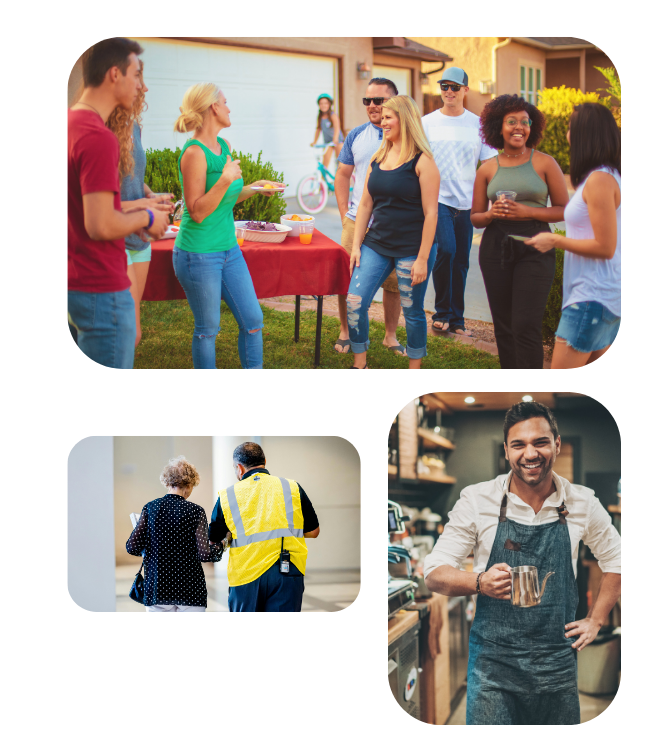 Community members gathering in a neighborhood setting alongside images of supportive services and local small business ownership, representing holistic community transformation and economic opportunity.