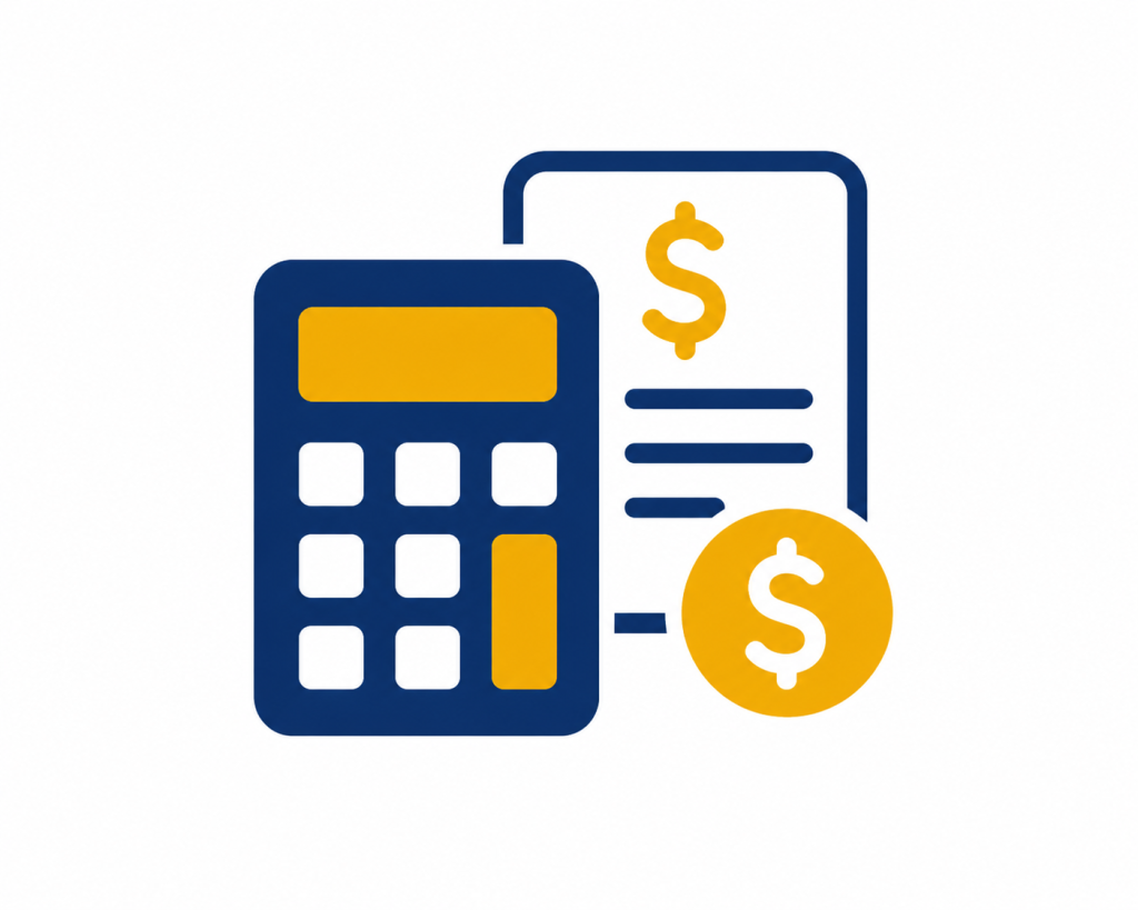 Blue and gold financial literacy icon featuring a calculator, receipt, and dollar coin, representing budgeting, money management, and financial education services.