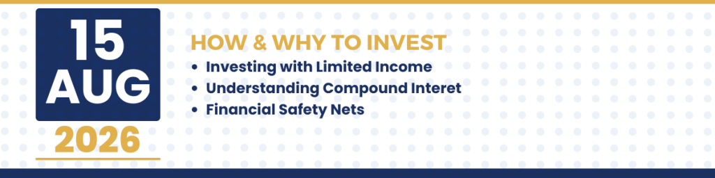 Investments Investments seminar graphic for June 13, 2026 featuring topics on investing with limited income, compound interest, and financial safety nets.